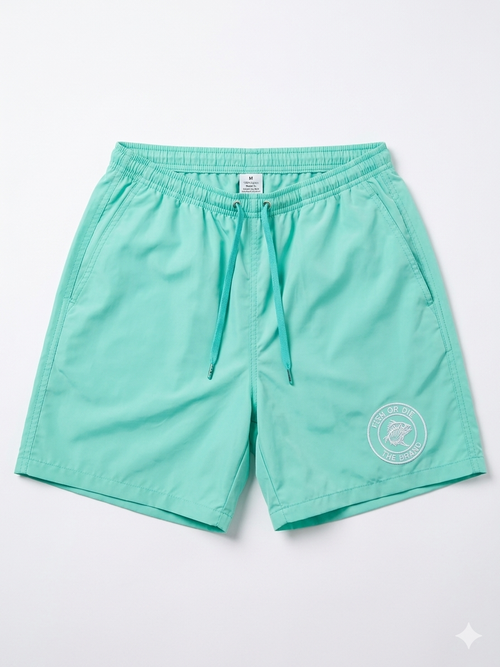 Turquoise shorts with a logo on a white background